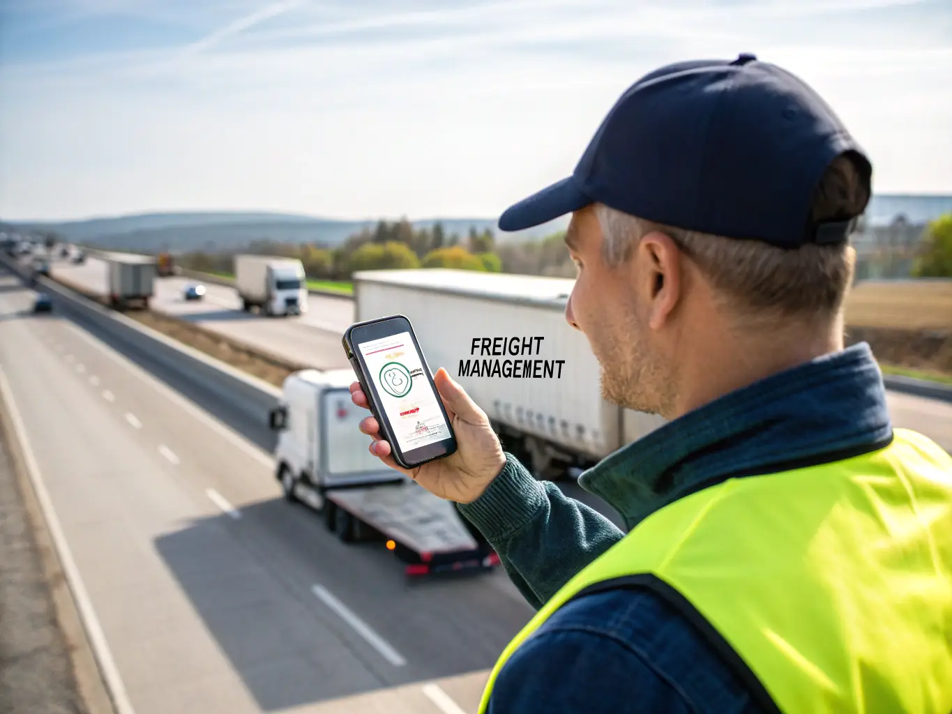 A professional semi-truck driver using the ReliableFreight mobile app on their smartphone to view available loads and manage their routes, set against a backdrop of a busy highway.