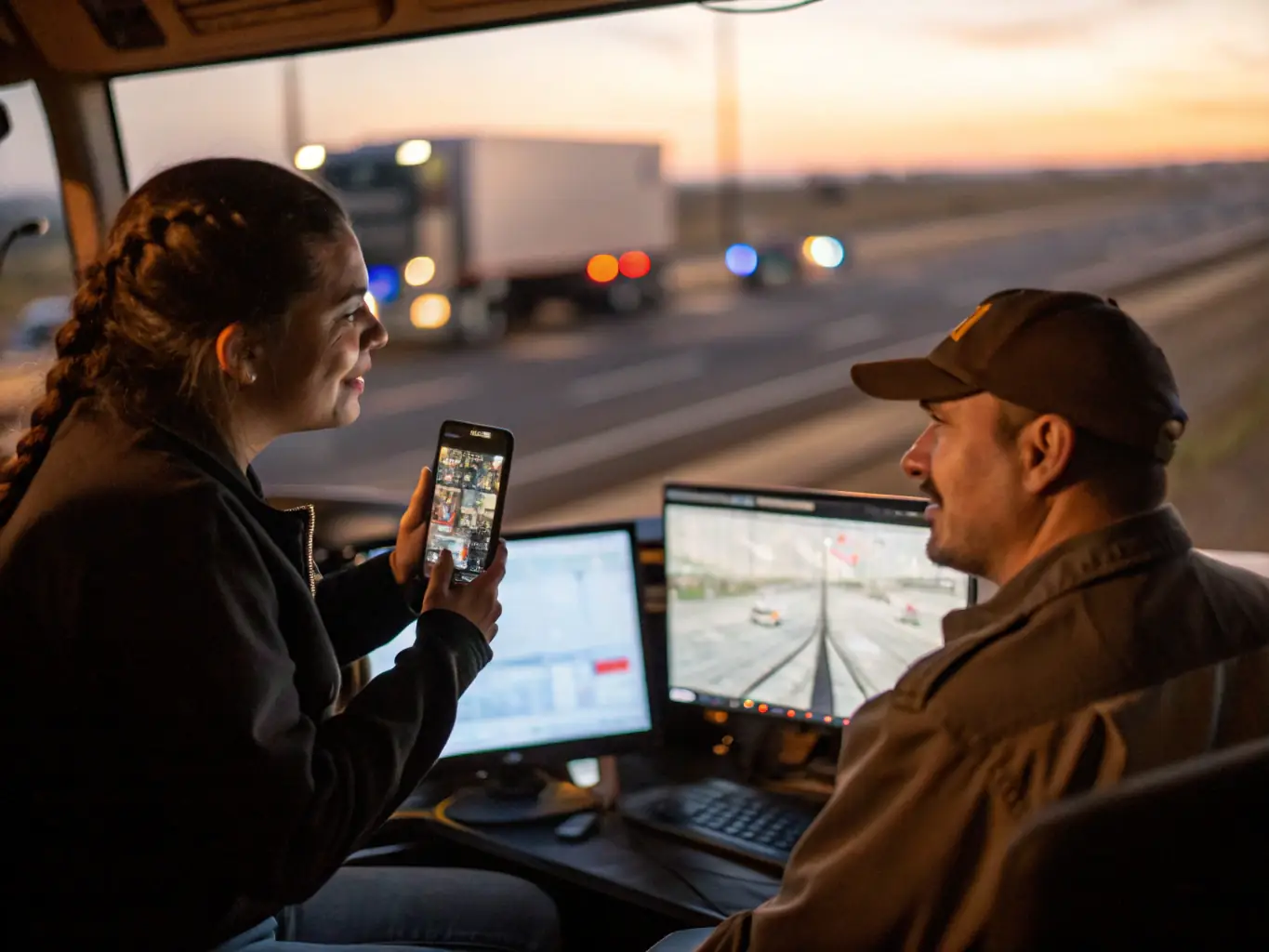 A dispatcher and a truck driver communicating seamlessly through the ReliableFreight platform on their devices, illustrating efficient communication and coordination.