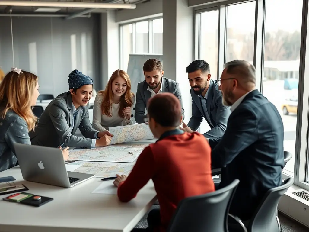 A photograph of a diverse team of logistics professionals collaborating in a modern office, symbolizing ReliableFreight's commitment to expert service and personalized support.